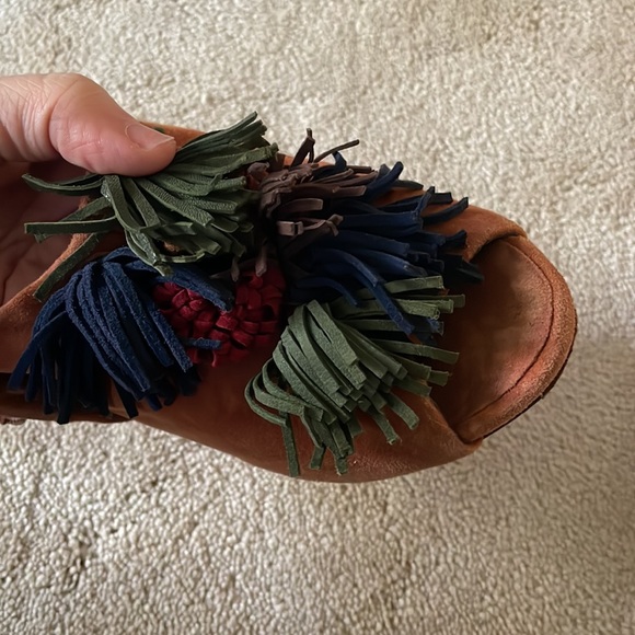 Suede fringe pompom chunky heeled sling back mules - Picture 3 of 5